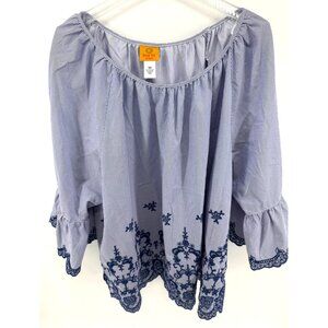 Ruby Rd Woman Blue & White Striped Embroidered Tunic Blouse 3X Polyester Cotton